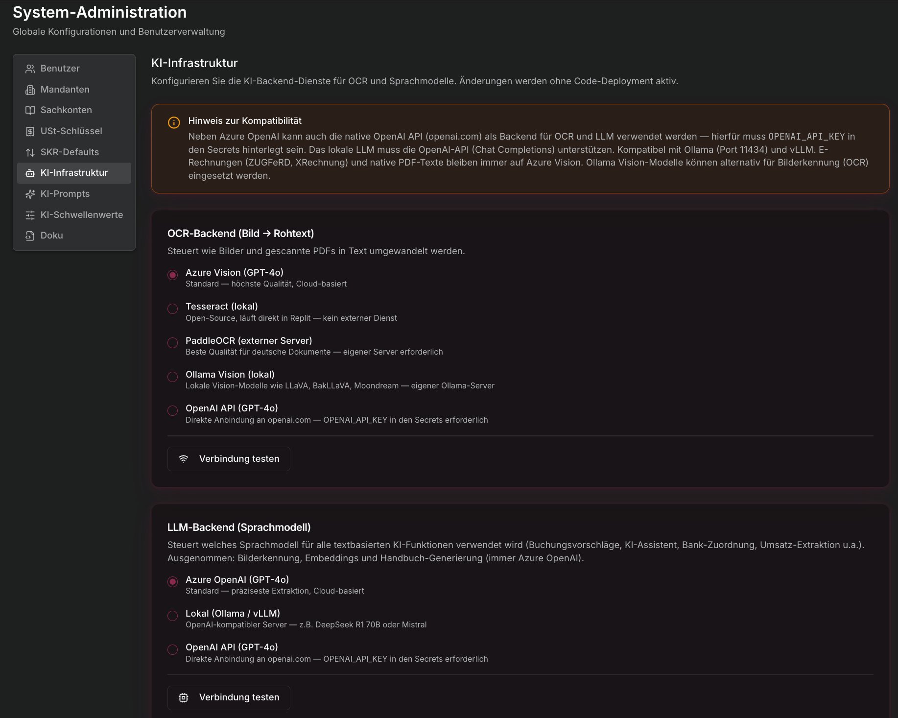 KI-Infrastruktur-Einstellungen: OCR-Backend und LLM-Backend konfigurierbar